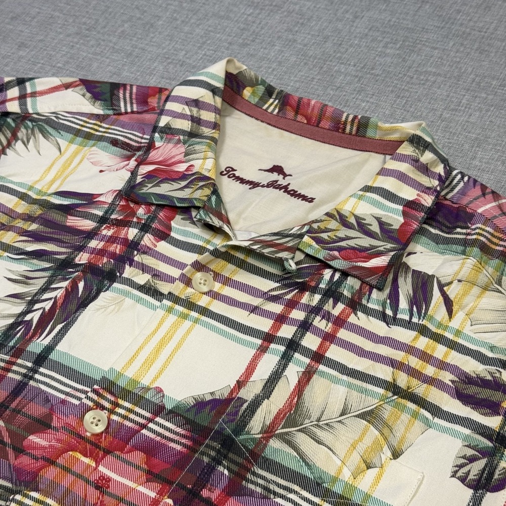 Tommy Bahama Silk Floral Plaid Loop Collar Camp Shirt Mens L Multicolor Hawaiian